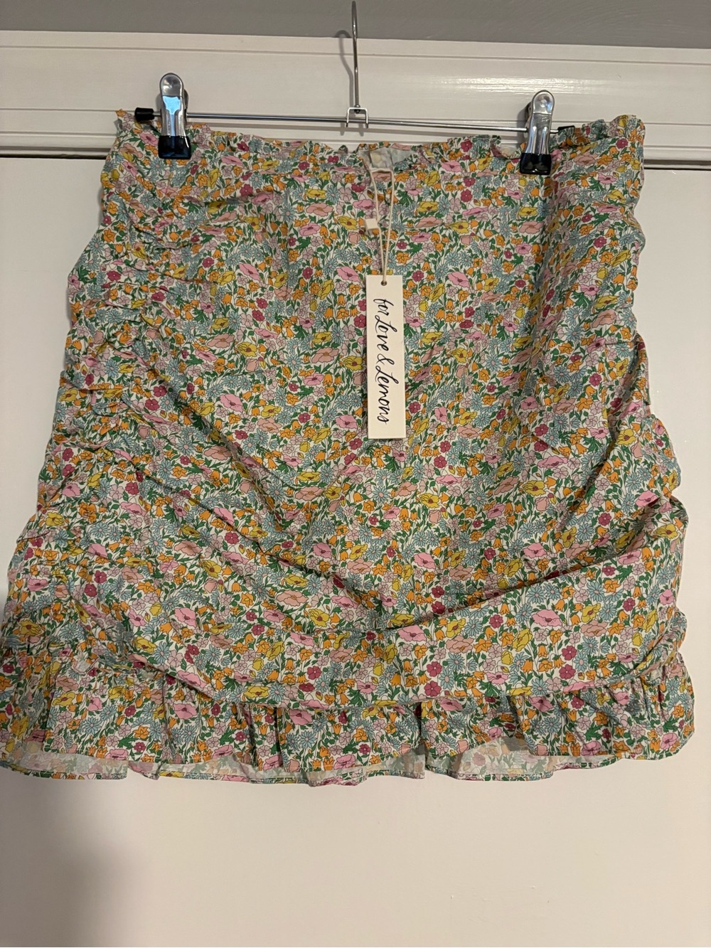 For Love & Lemons Floral Ruffle Ruched Mini Skirt Size L NWT